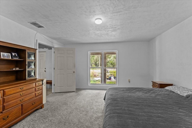 carpeted bedroom with a textured ceiling