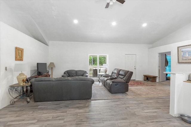 7340 NW 21st Ave, Bell, FL 32619 - living area featuring light wood-style floors, recessed lighting, ceiling fan, and vaulted ceiling