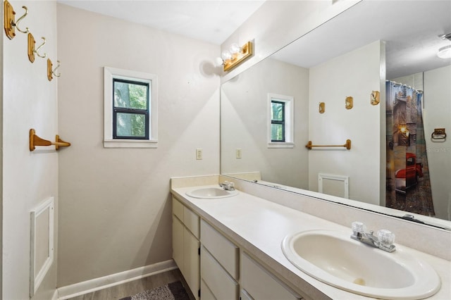 bathroom featuring hardwood / wood-style floors and dual vanity