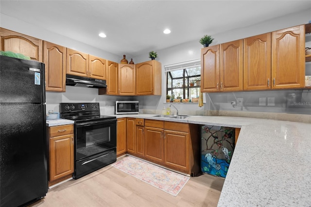 kitchen with black appliances, light hardwood / wood-style floors, and sink