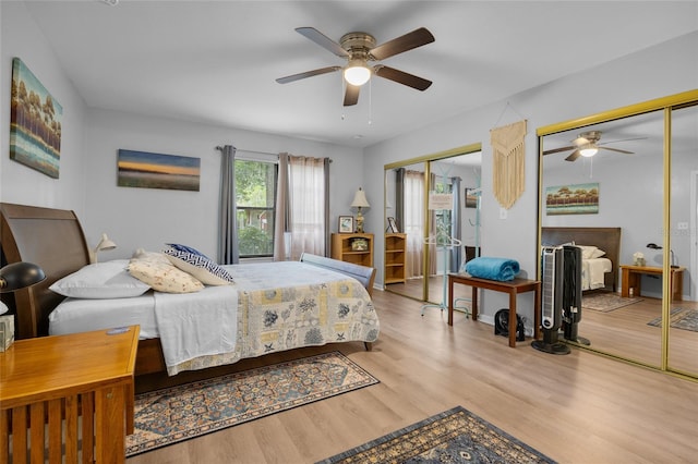 bedroom featuring light hardwood / wood-style flooring and ceiling fan