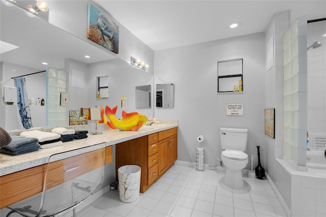 bathroom with curtained shower, tile patterned flooring, toilet, and vanity