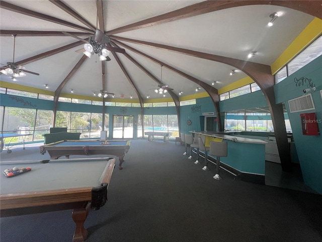 rec room with beamed ceiling, pool table, high vaulted ceiling, carpet flooring, and ceiling fan