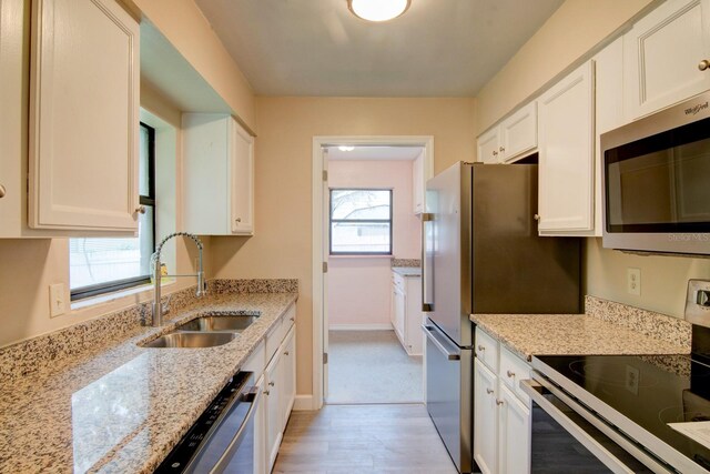 kitchen with appliances with stainless steel finishes, light stone counters, a wealth of natural light, and sink