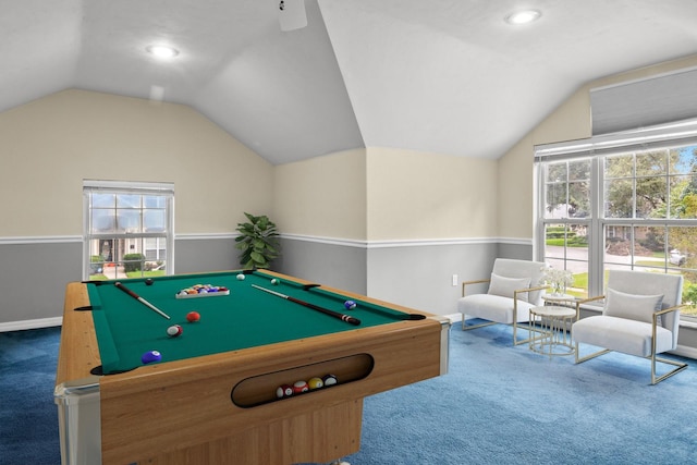 rec room with carpet, a healthy amount of sunlight, and billiards