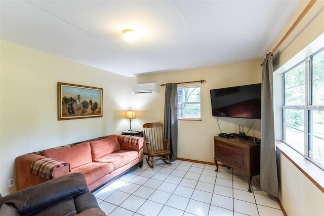 tiled living room with an AC wall unit