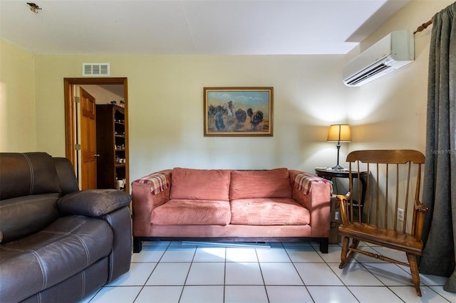 tiled living room with an AC wall unit