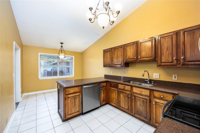 kitchen with pendant lighting, kitchen peninsula, an inviting chandelier, sink, and stainless steel dishwasher