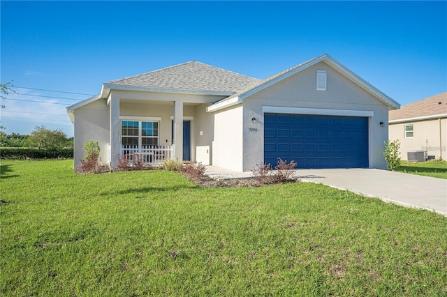 ranch-style house with central AC unit, a front yard, and stucco siding