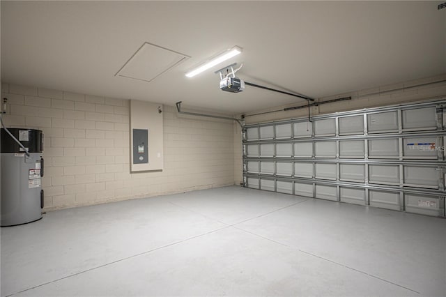 garage with electric panel, concrete block wall, electric water heater, and a garage door opener