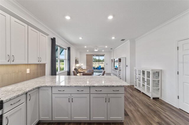 kitchen featuring light stone counters, crown molding, kitchen peninsula, and dark hardwood / wood-style floors