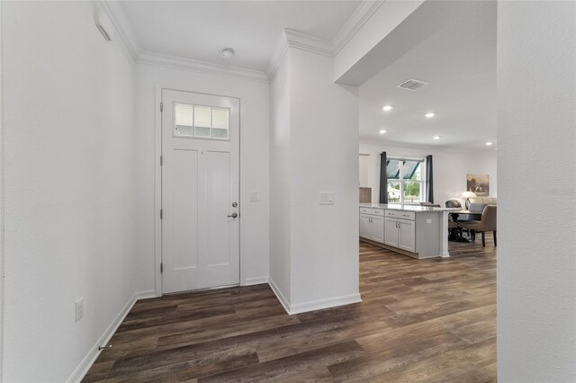 foyer entrance featuring crown molding and dark hardwood / wood-style floors