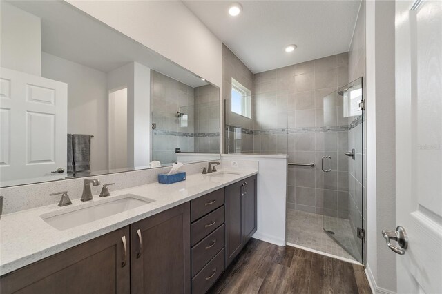 bathroom with walk in shower, wood-type flooring, and vanity