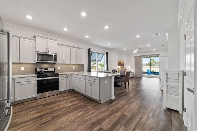 kitchen featuring kitchen peninsula, appliances with stainless steel finishes, a healthy amount of sunlight, and dark hardwood / wood-style flooring