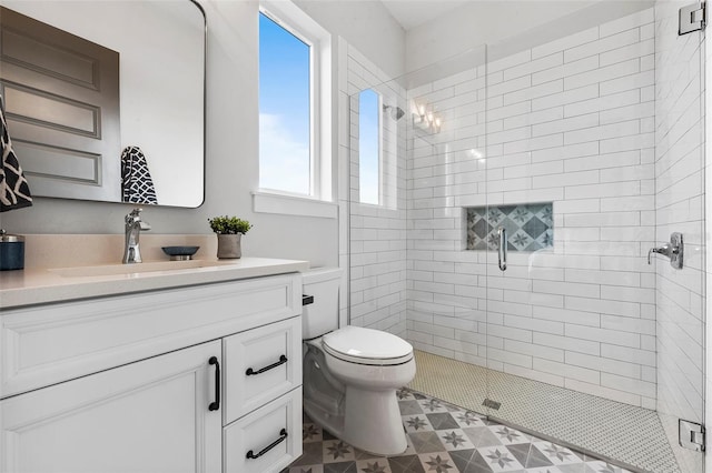 bathroom featuring toilet, vanity, and a shower with shower door