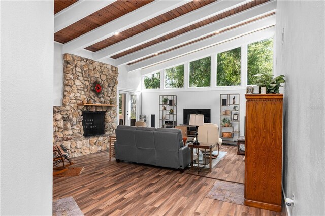 living room featuring dark hardwood / wood-style floors, beamed ceiling, a fireplace, wood ceiling, and high vaulted ceiling