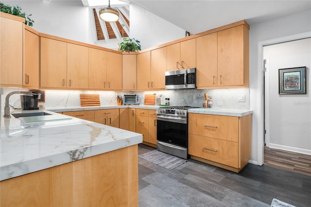 kitchen featuring backsplash, light stone countertops, stainless steel appliances, light brown cabinets, and dark wood-type flooring