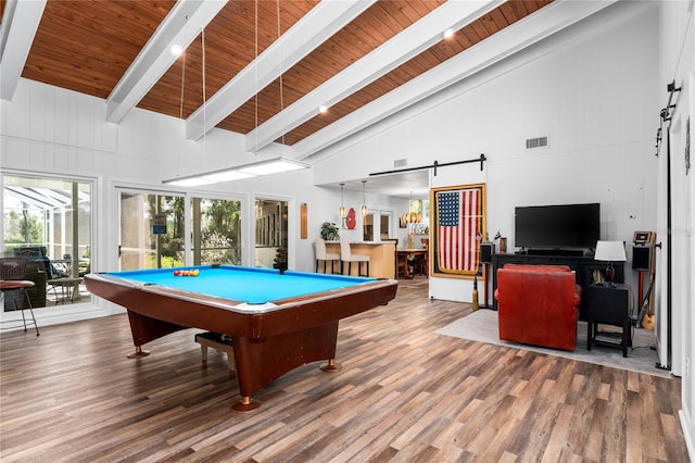 recreation room with wooden ceiling, high vaulted ceiling, hardwood / wood-style flooring, and pool table