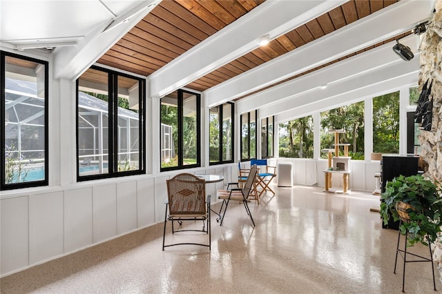 sunroom featuring a wealth of natural light, beamed ceiling, and wooden ceiling