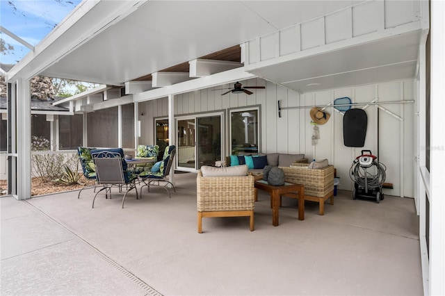 view of patio featuring ceiling fan and an outdoor hangout area