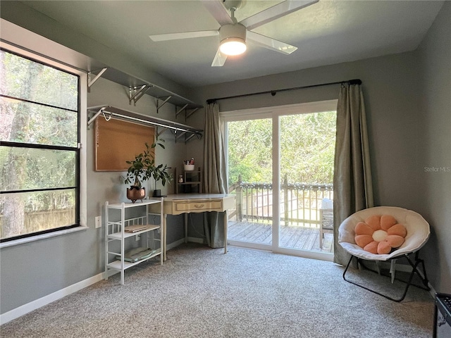 interior space featuring a ceiling fan, baseboards, and carpet flooring