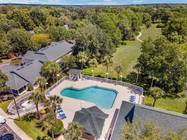 view of swimming pool with a patio area and a lawn