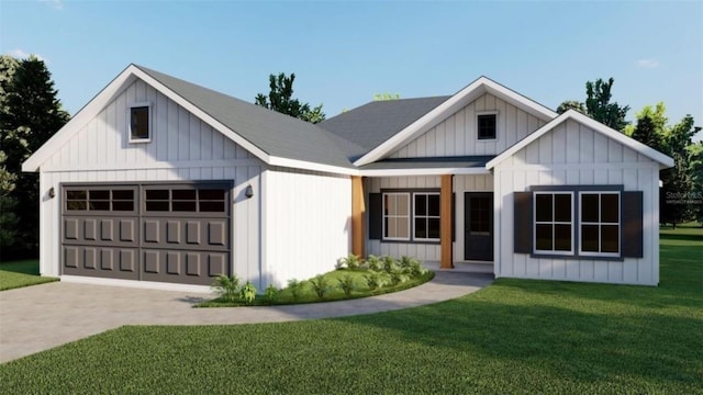 modern farmhouse featuring a garage and a front lawn