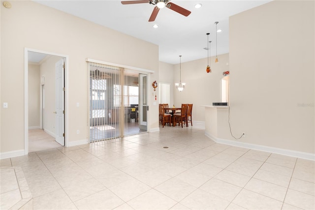 tiled empty room with ceiling fan