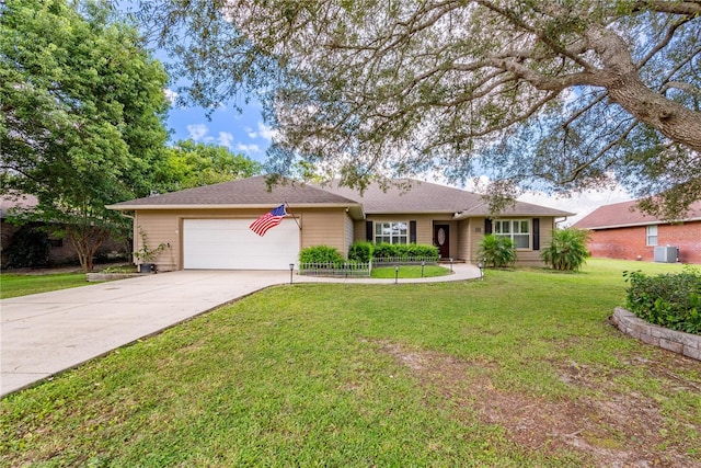 single story home featuring a garage, central AC unit, and a front lawn