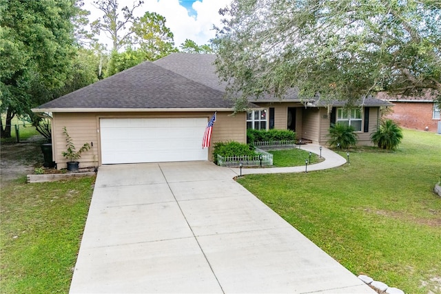 single story home featuring a garage and a front lawn