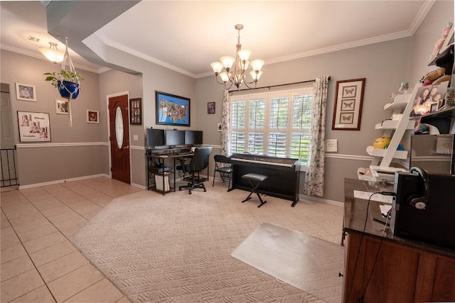 tiled office space featuring ornamental molding and a notable chandelier