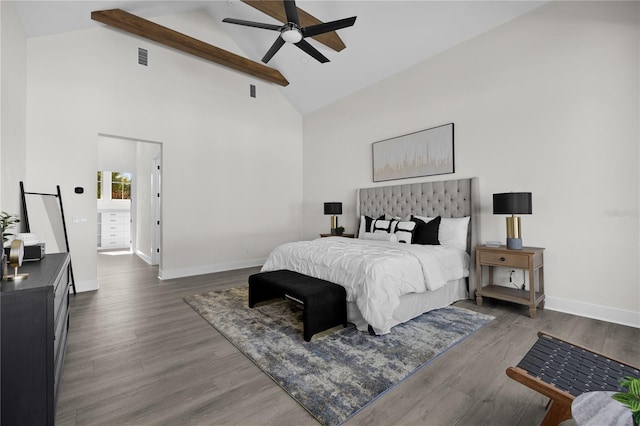 1101 SW 136th St, Newberry, FL 32669 - bedroom featuring wood finished floors, beam ceiling, baseboards, high vaulted ceiling, and ceiling fan