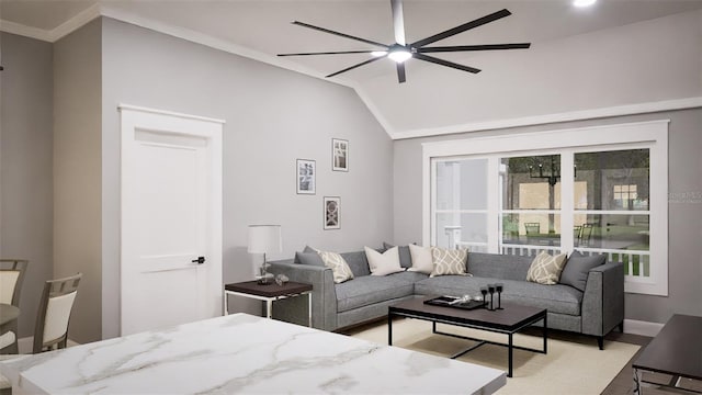 living room with lofted ceiling, ornamental molding, ceiling fan, and light hardwood / wood-style flooring