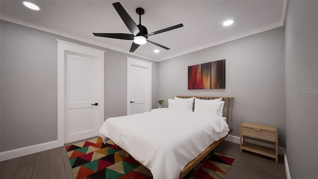 bedroom featuring ornamental molding, dark hardwood / wood-style flooring, and ceiling fan