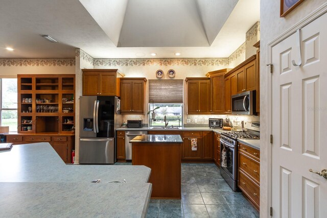 kitchen with tasteful backsplash, a kitchen island, sink, a tray ceiling, and appliances with stainless steel finishes