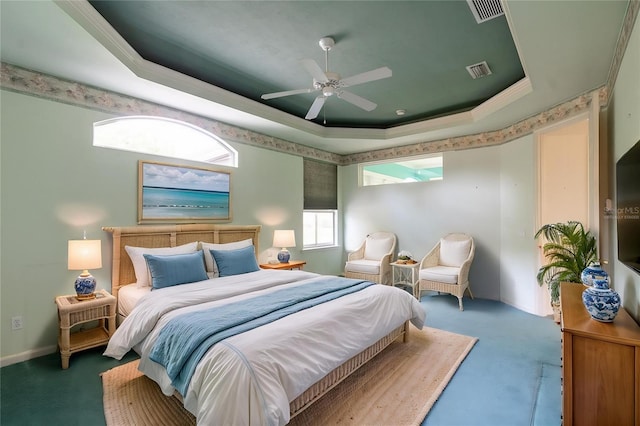11509 NW 67th Ter, Alachua, FL 32615 - bedroom featuring ornamental molding, a raised ceiling, visible vents, and carpet flooring