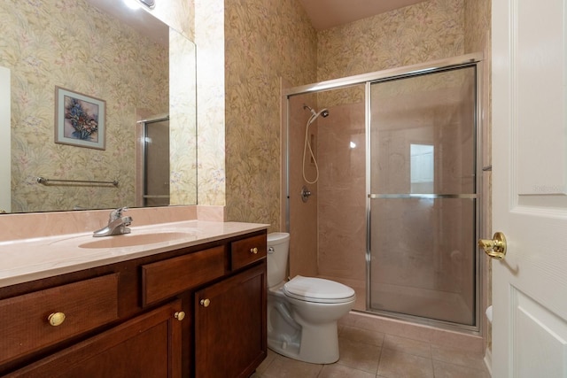 11509 NW 67th Ter, Alachua, FL 32615 - bathroom featuring tile patterned floors, a stall shower, toilet, and vanity