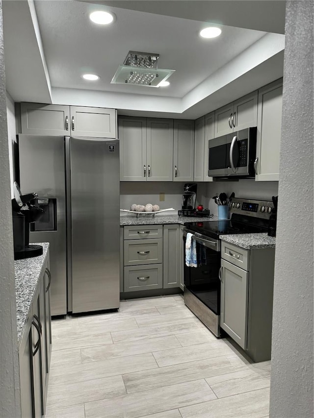 kitchen with light wood-type flooring, gray cabinetry, a raised ceiling, light stone counters, and appliances with stainless steel finishes