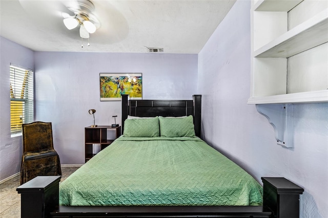 bedroom with ceiling fan, visible vents, and baseboards