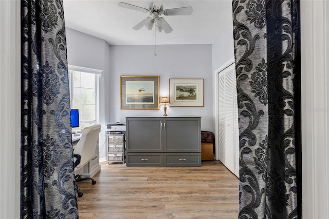 bathroom featuring ceiling fan, hardwood / wood-style flooring, and vanity