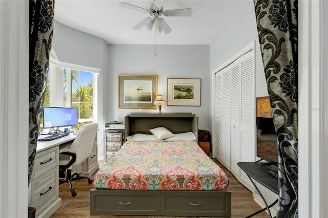 bedroom featuring dark hardwood / wood-style floors, ceiling fan, and a closet