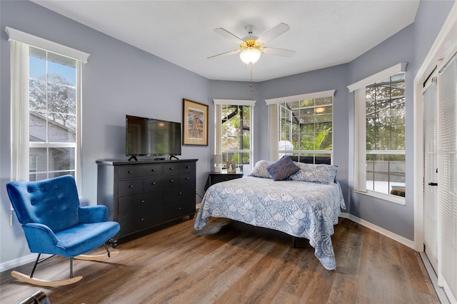 bedroom with ceiling fan, a closet, and wood-type flooring