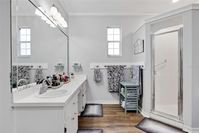 bathroom featuring vanity, hardwood / wood-style floors, a healthy amount of sunlight, and walk in shower