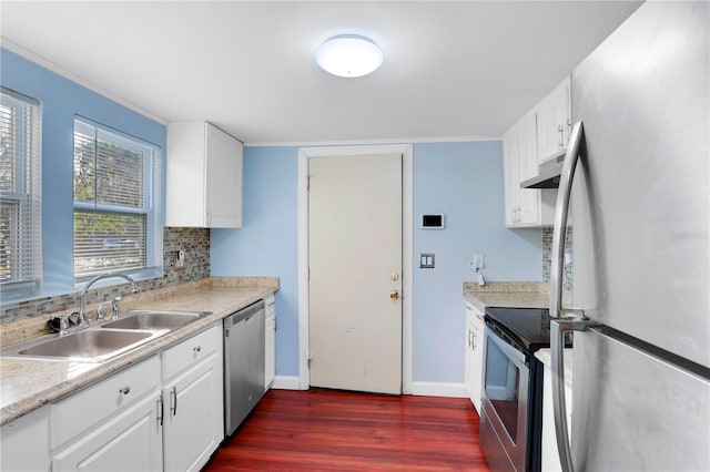 kitchen featuring decorative backsplash, stainless steel appliances, exhaust hood, sink, and white cabinetry