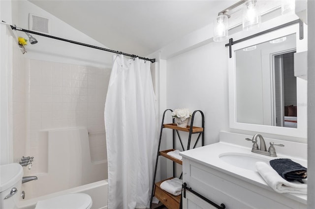 full bathroom with toilet, lofted ceiling, vanity, and shower / bath combo with shower curtain