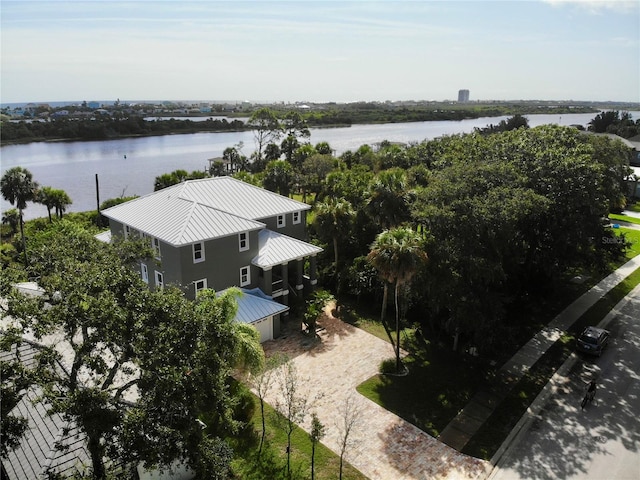 drone / aerial view featuring a water view