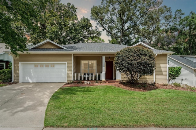 ranch-style house with a yard, a porch, and a garage