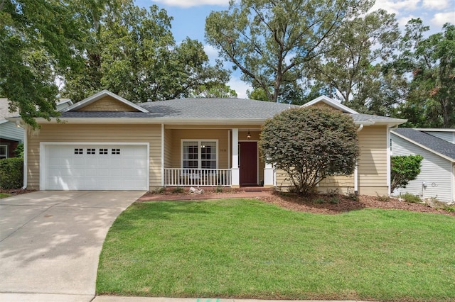 ranch-style house with a garage, a porch, and a front lawn