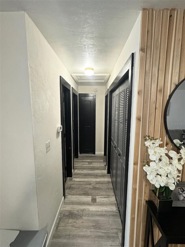 hallway with a textured ceiling and wood-type flooring