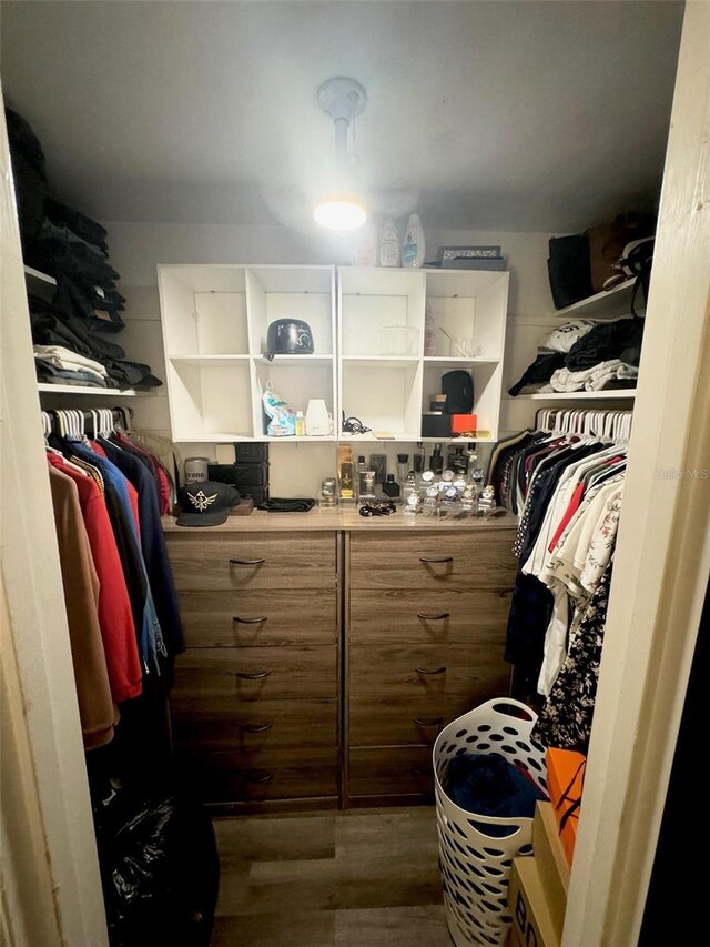 walk in closet with wood-type flooring